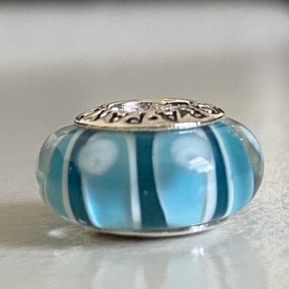 PANDORA Silver 925 ALE Murano Glass Screw Core Blue Stripes With White Dots Bead - Picture 5 of 8